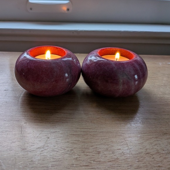 Unbranded Other - Vintage Pink Alabaster Tealight Candleholder Set 2 Egyptian Stone Round Pink VTG